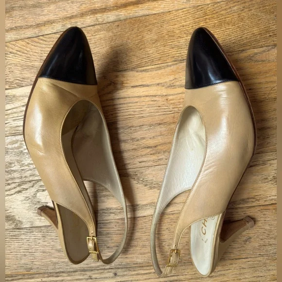 Chanel Beige Black Cap Toe Leather
Slingback Heels - Picture 2 of 6
